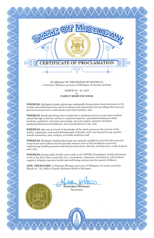 2023 Michigan Family Medicine Week Proclamation